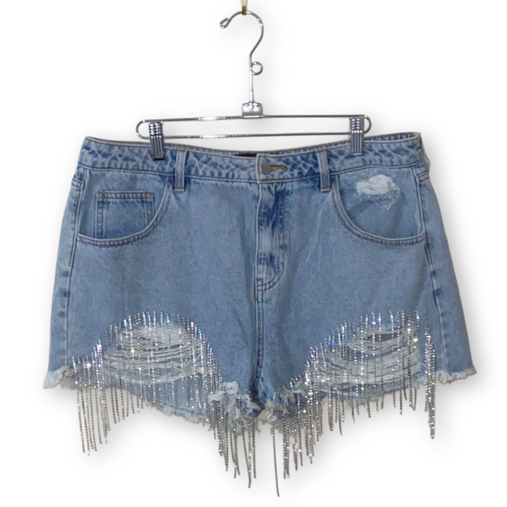 Fashion Nova Size XL Denim Came Through Dripping Rhinestone Denim Shorts - Picture 3 of 7